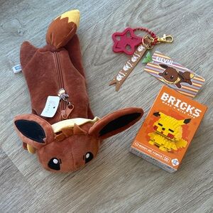 Eevee Plush Pokemon Pencil Case, Keychain Charm, and Bricks Building Blocks Set